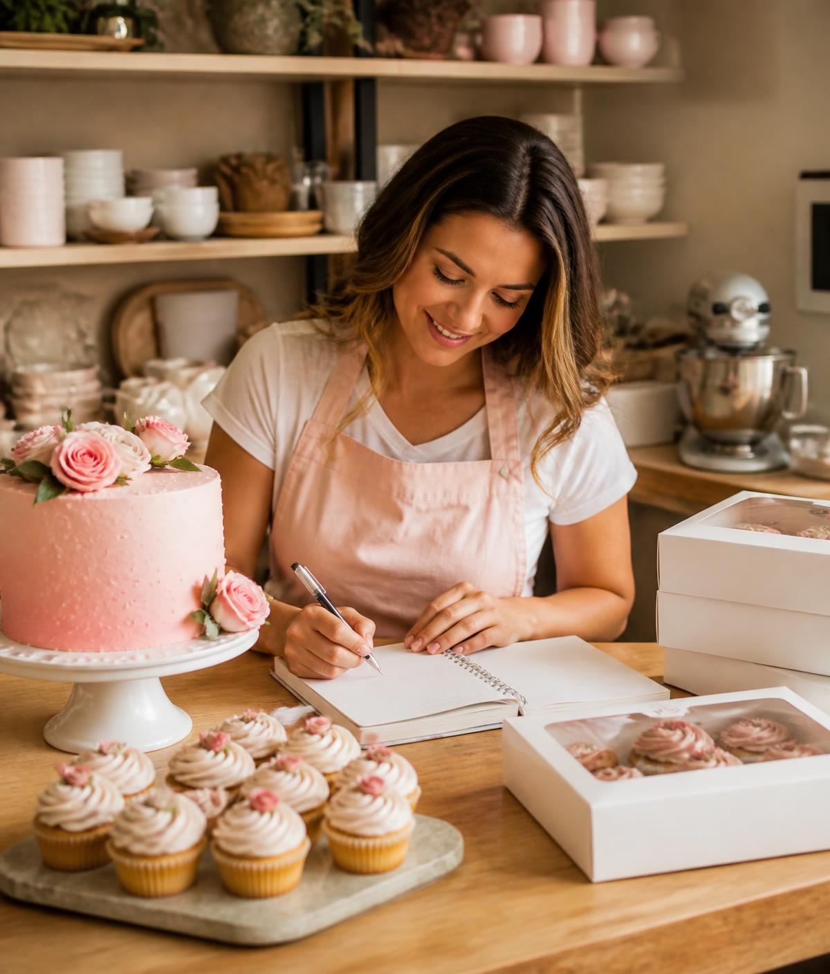 Home baker calmly planning her week beside neatly packed cakes and cupcakes