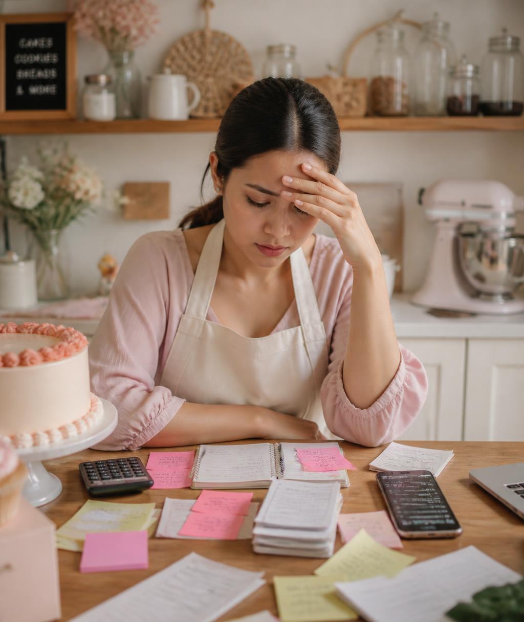 Home baker managing customer messages, order notes and a calculator in her kitchen